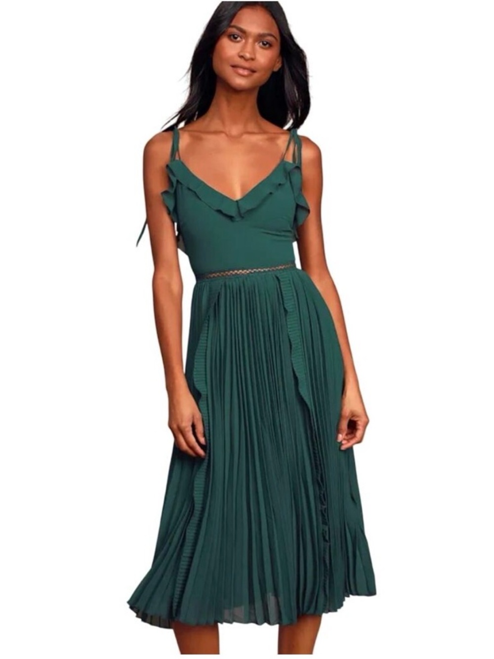 Lulu's “Never A Dull Moment” Emerald Ruffle V-Neck Pleated Midi Dress